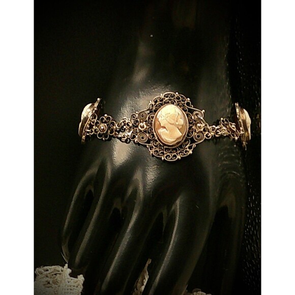 Edwardian 800 Silver Filagree Cameo Bracelet 6.75 - Picture 2 of 7